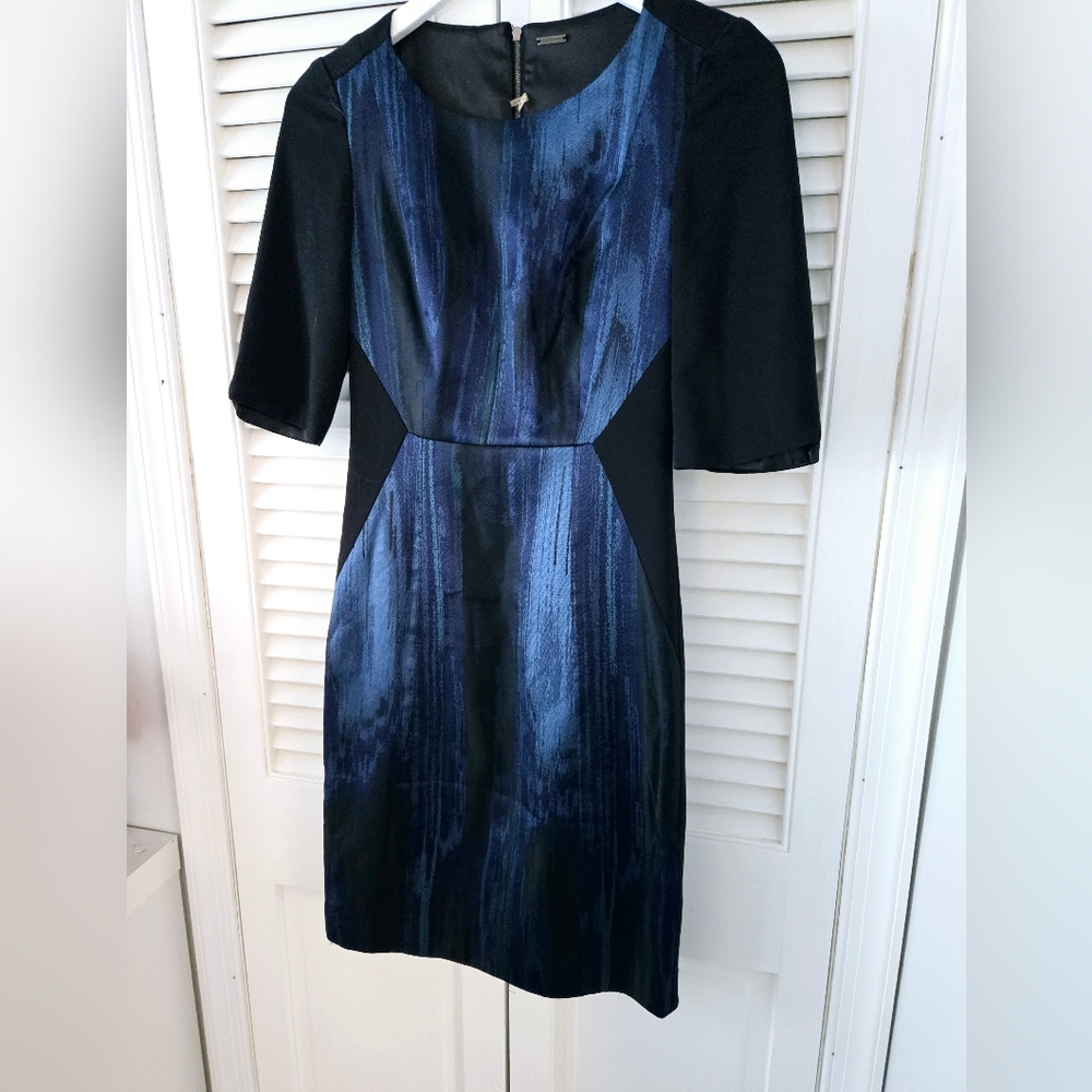 Elie Tahari Blue Metallic Watercolor Sheath Dress Size 0 - Picture 5 of 10
